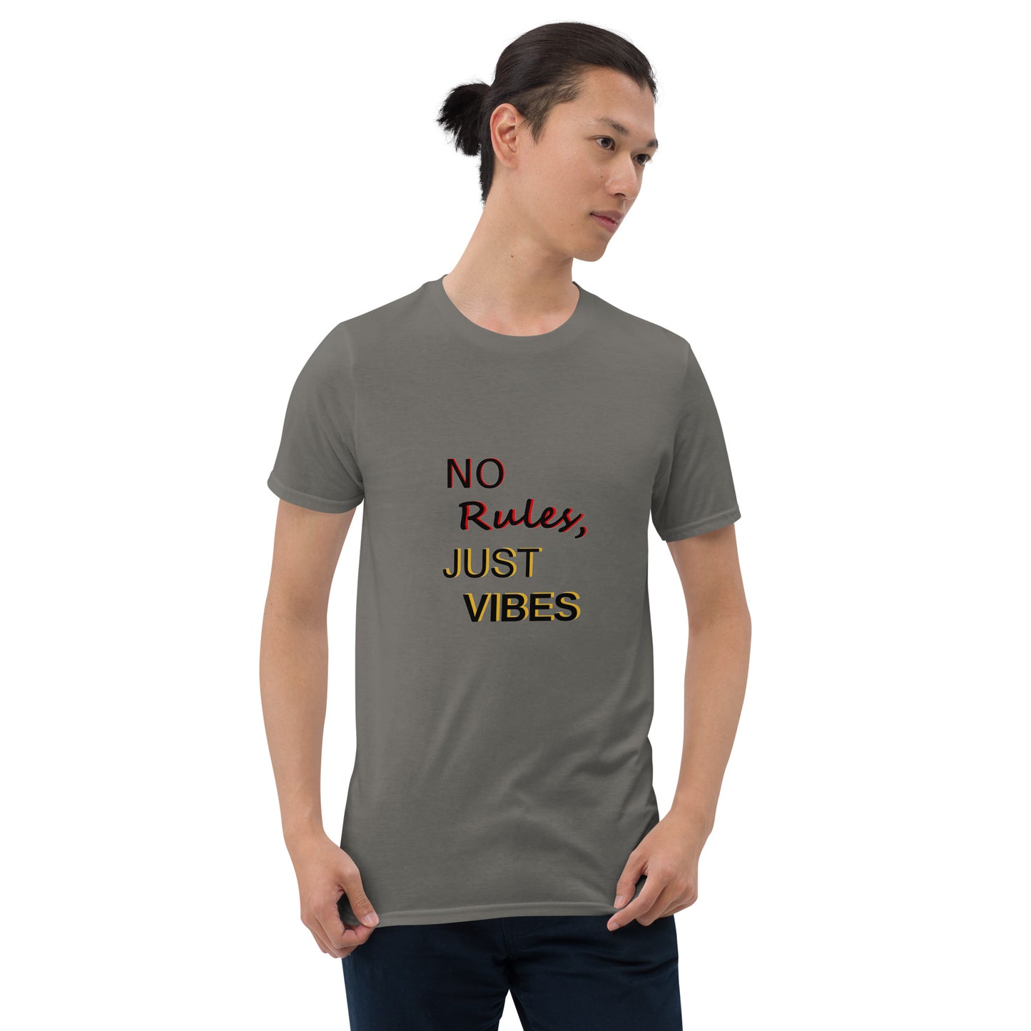 No Rules, Just Vibes t-shirt in charcoal, styled for casual and relaxed look