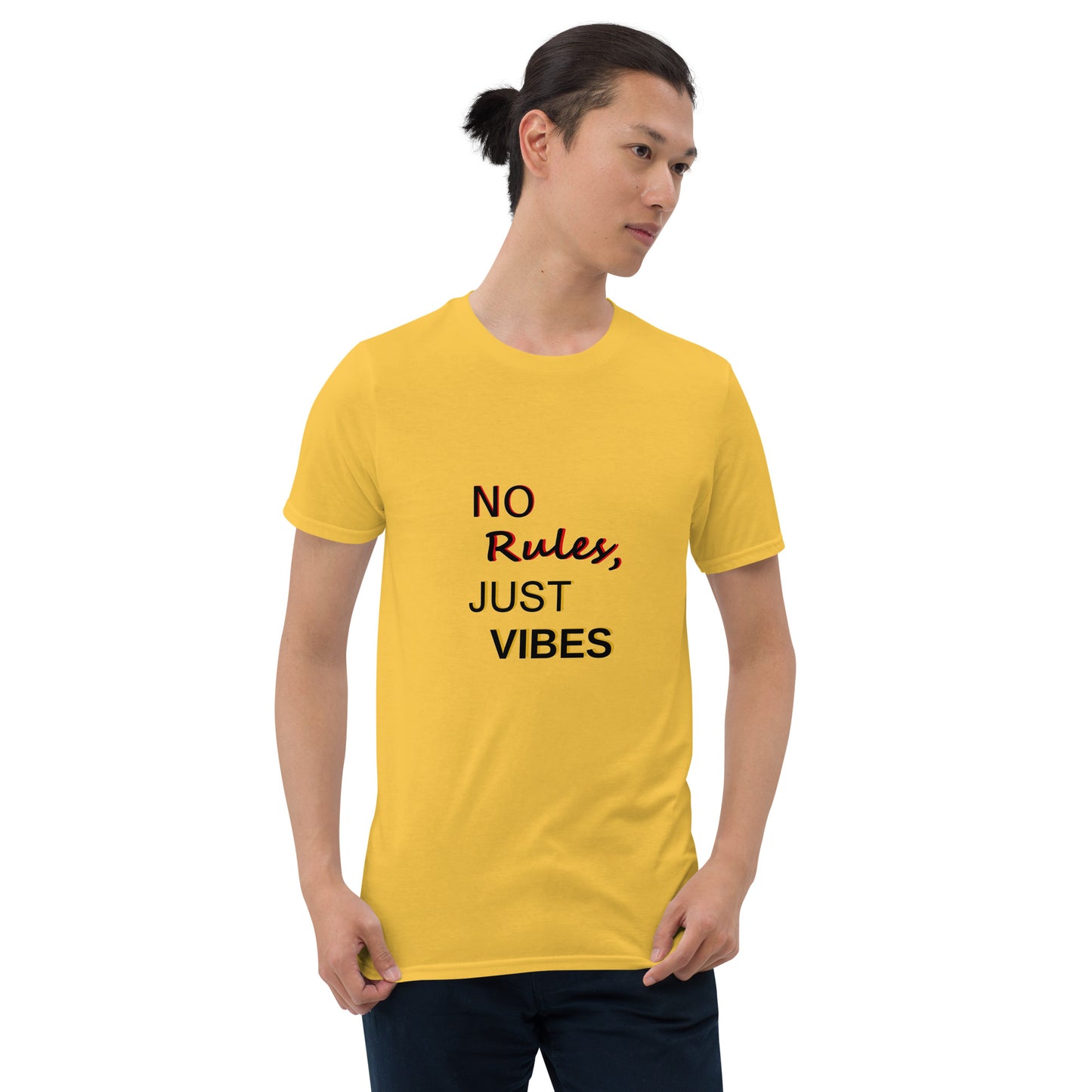 No Rules, Just Vibes t-shirt in yellow, styled for casual and relaxed look