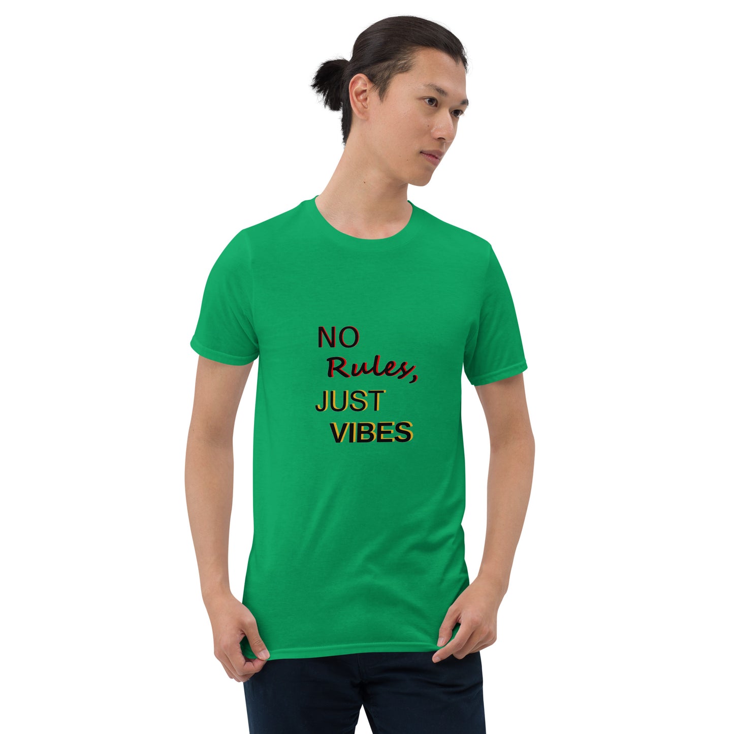 No Rules, Just Vibes t-shirt in green, styled for casual and relaxed look
