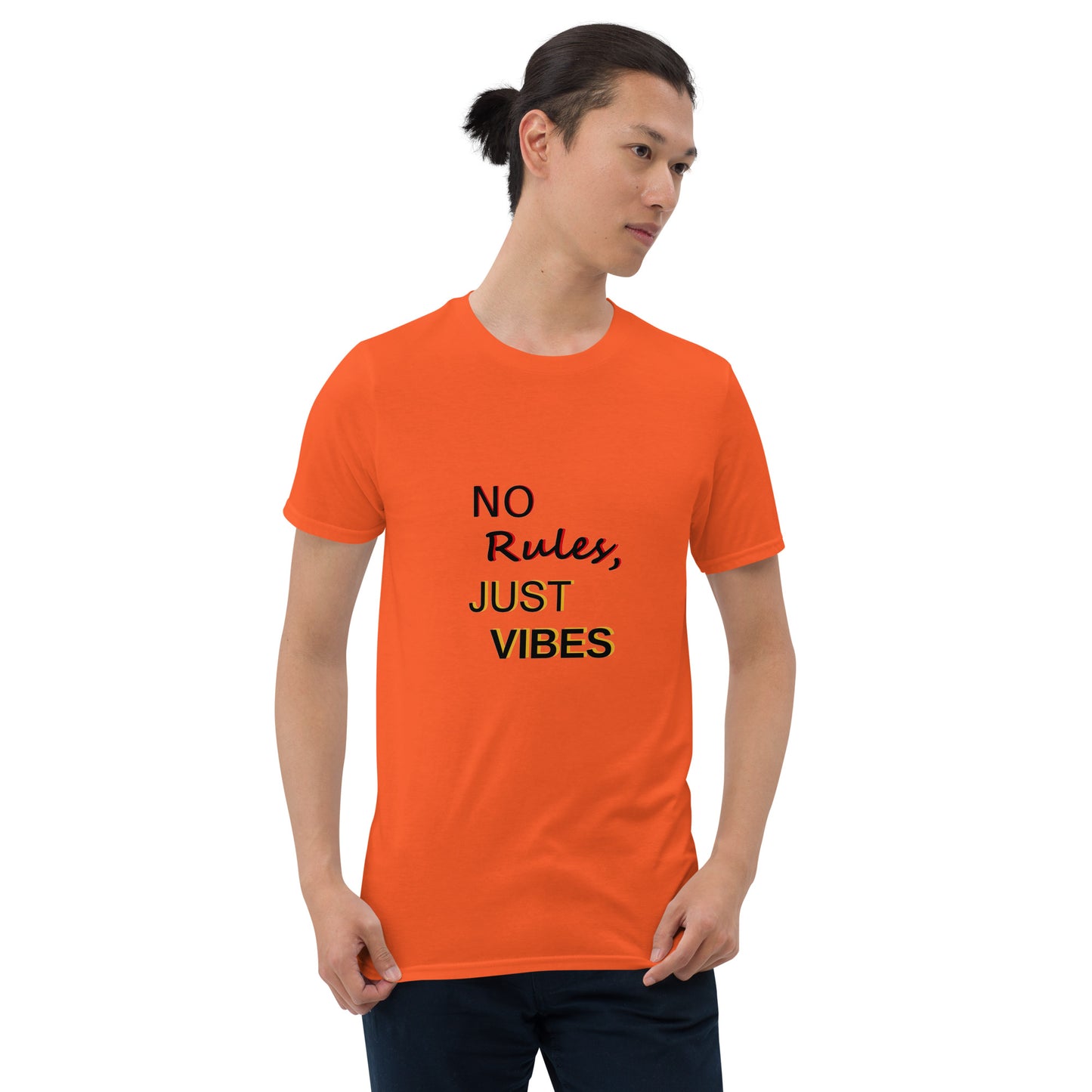 No Rules, Just Vibes t-shirt in orange, styled for casual and relaxed look