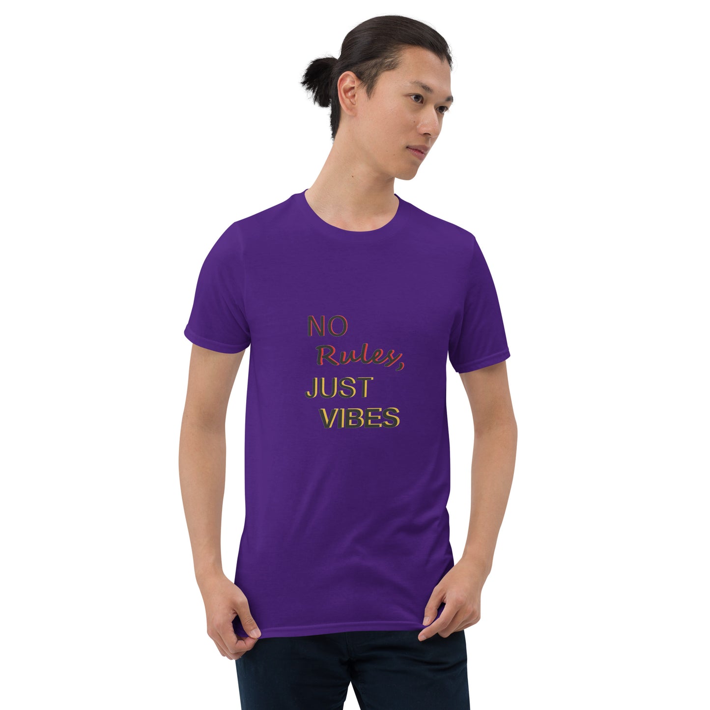 No Rules, Just Vibes t-shirt in purple, styled for casual and relaxed look