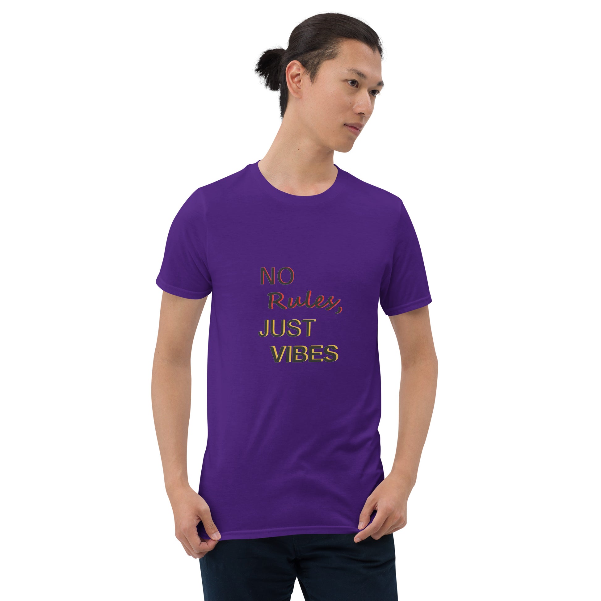 No Rules, Just Vibes t-shirt in purple, styled for casual and relaxed look