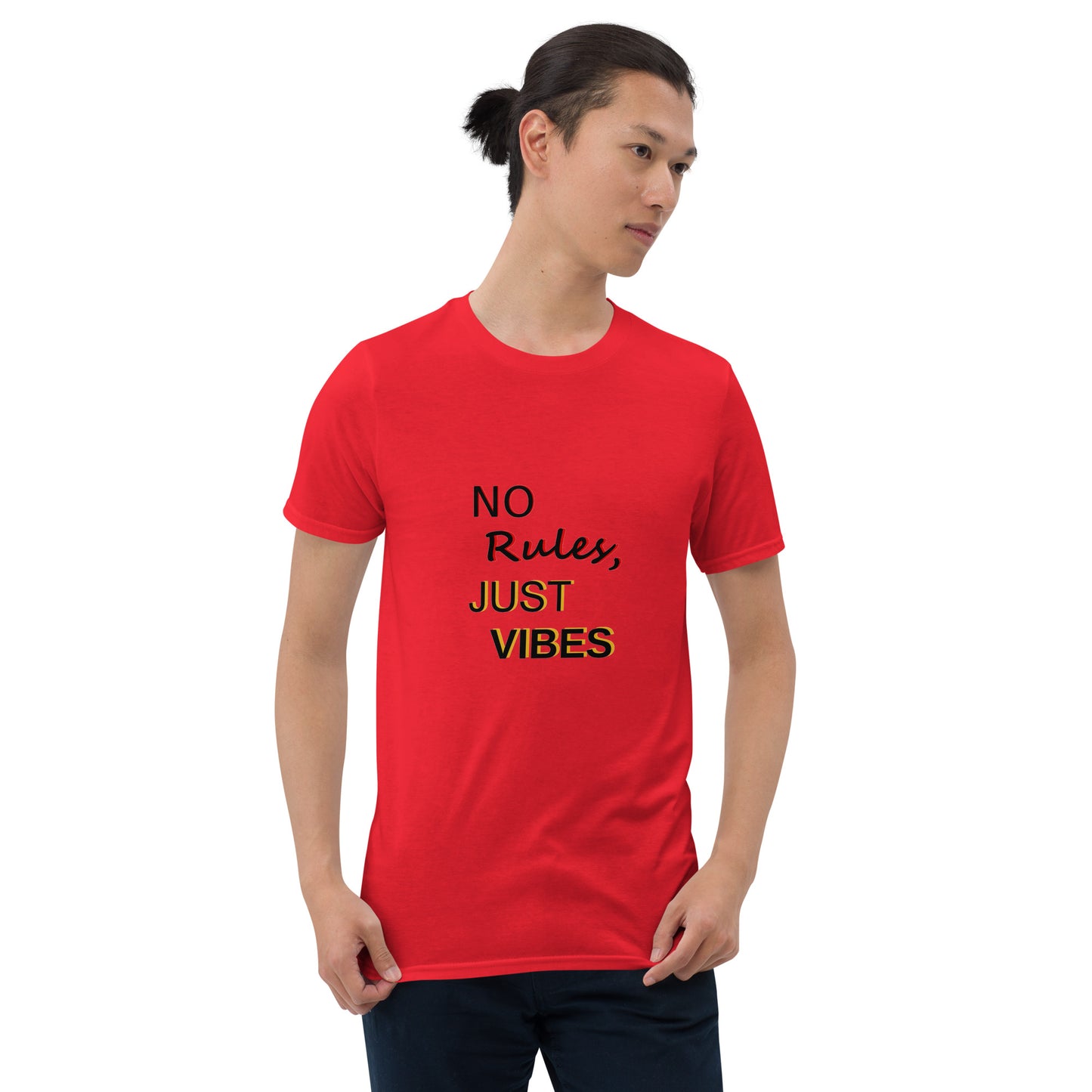 No Rules, Just Vibes t-shirt in red, styled for casual and relaxed look