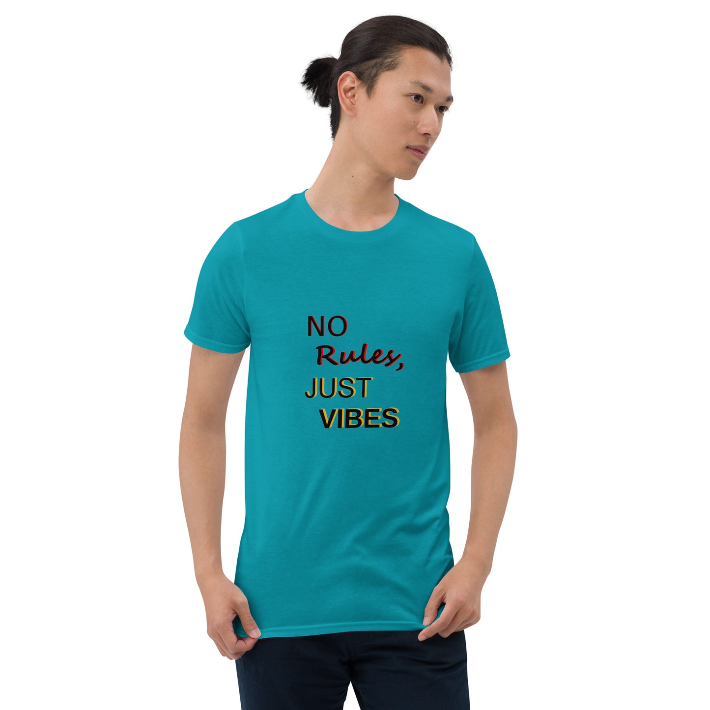 No Rules, Just Vibes t-shirt in tropical blue, styled for casual and relaxed look