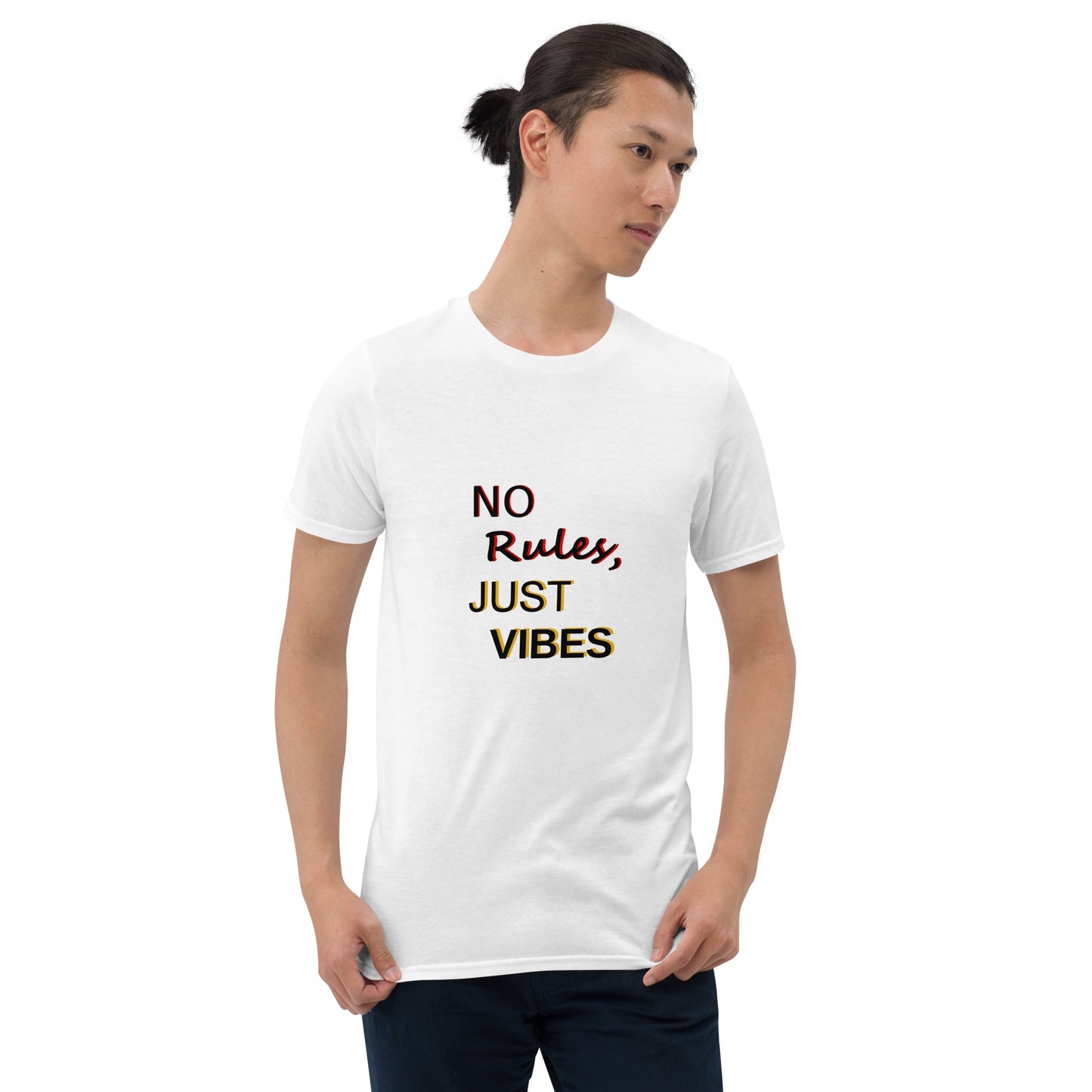 No Rules, Just Vibes t-shirt in white, styled for casual and relaxed look