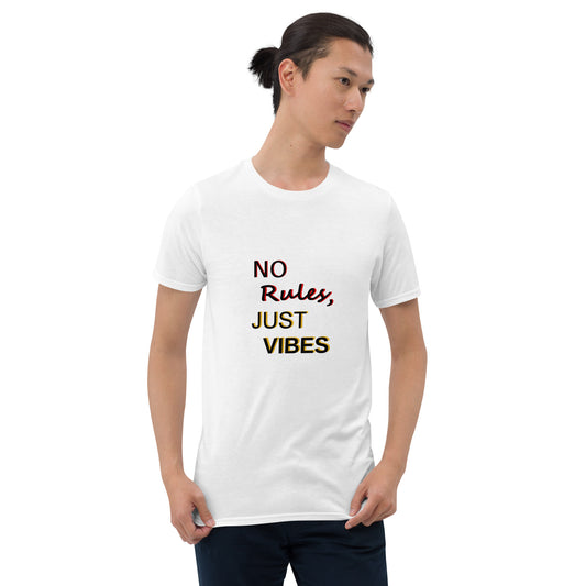 No Rules, Just Vibes t-shirt in white, styled for casual and relaxed look