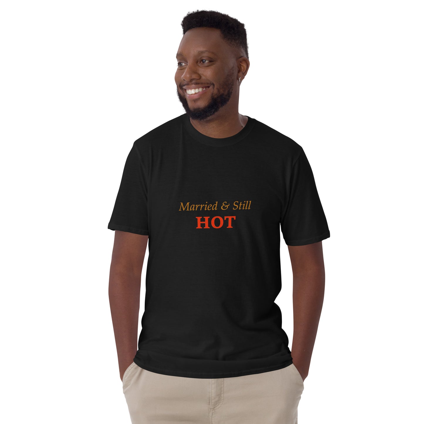 Male model wearing a black tee with bold marriage-themed statement