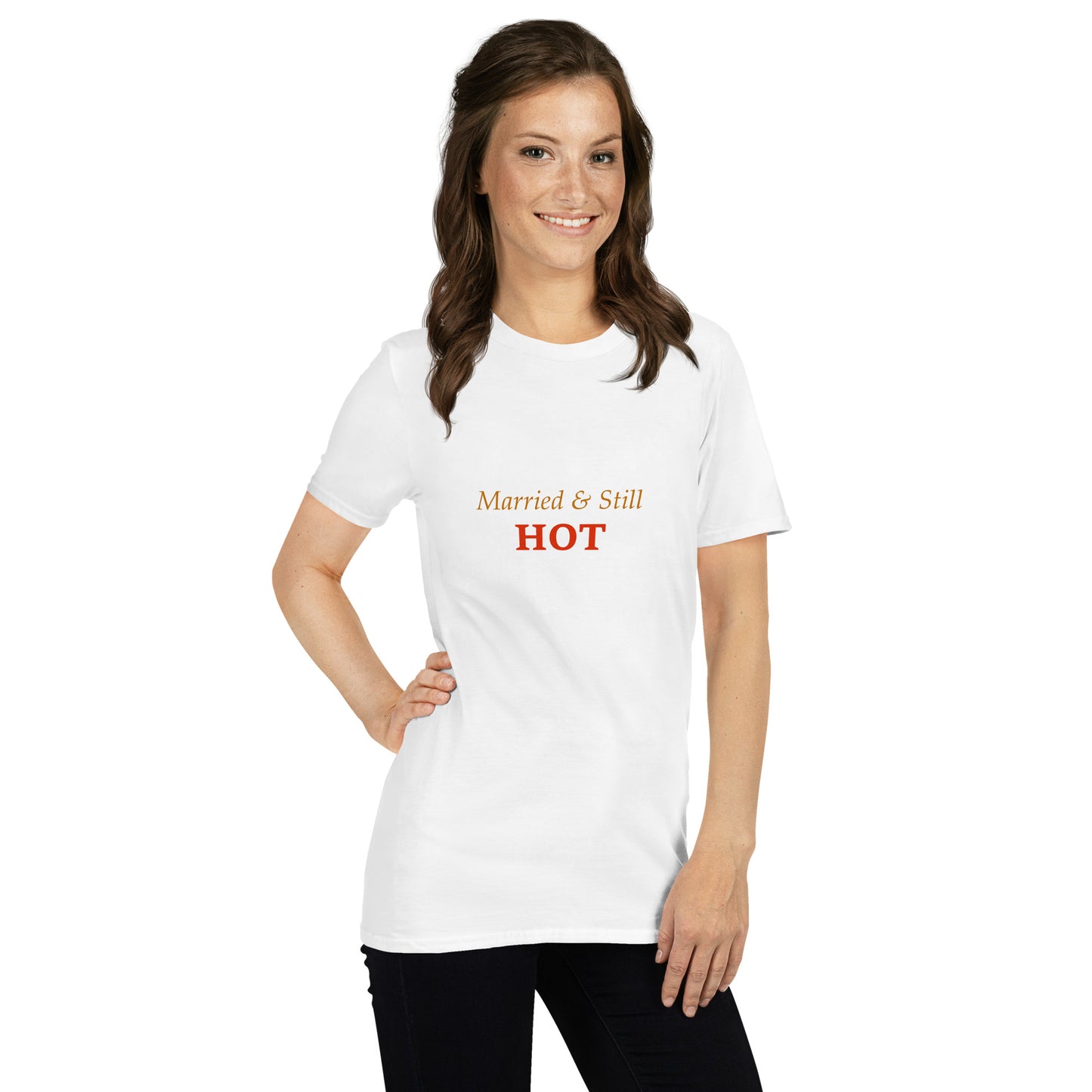 Female model wearing white soft cotton shirt with confident slogan design