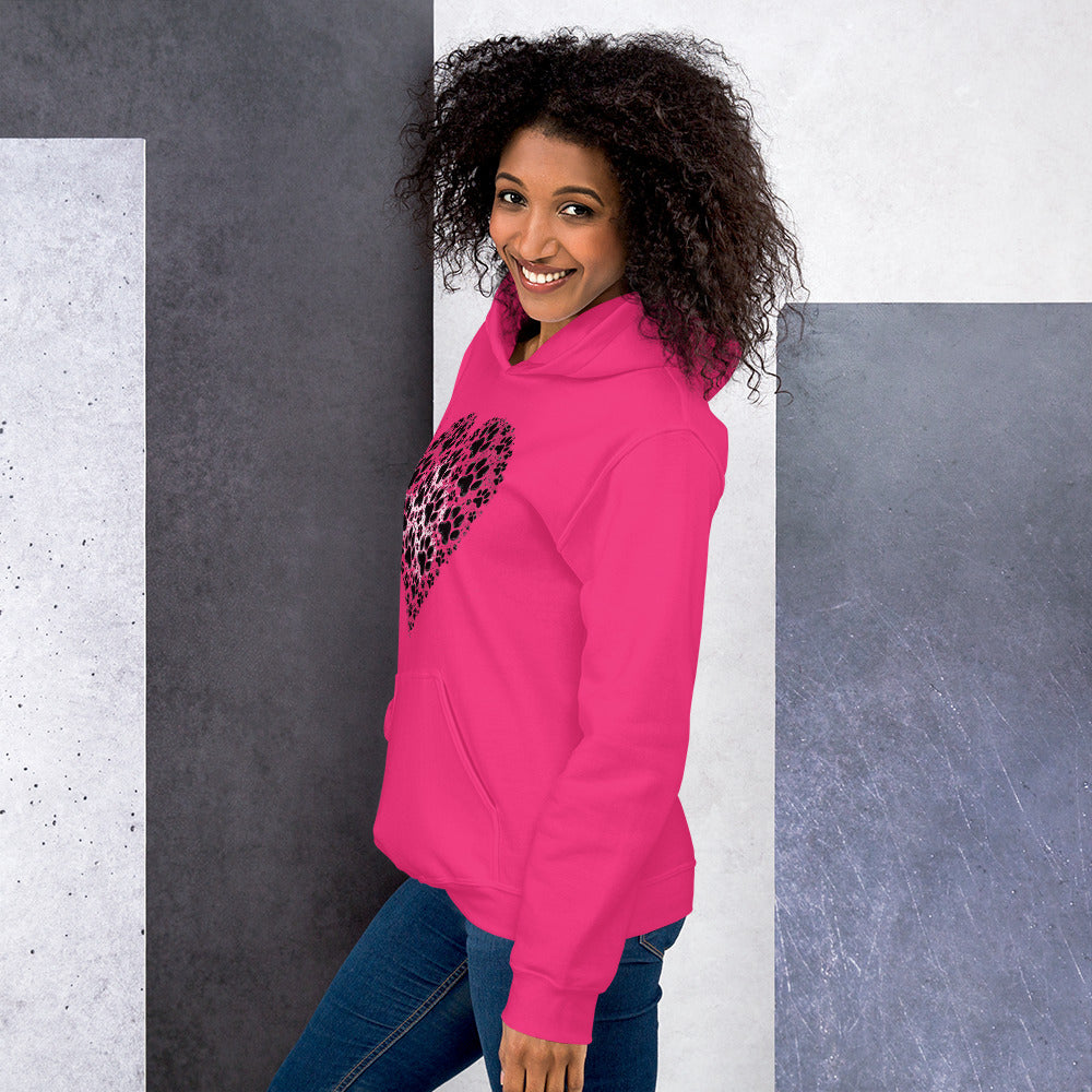 Smiling woman in profile view wearing the aniline red Aylure Love Paw hoodie.