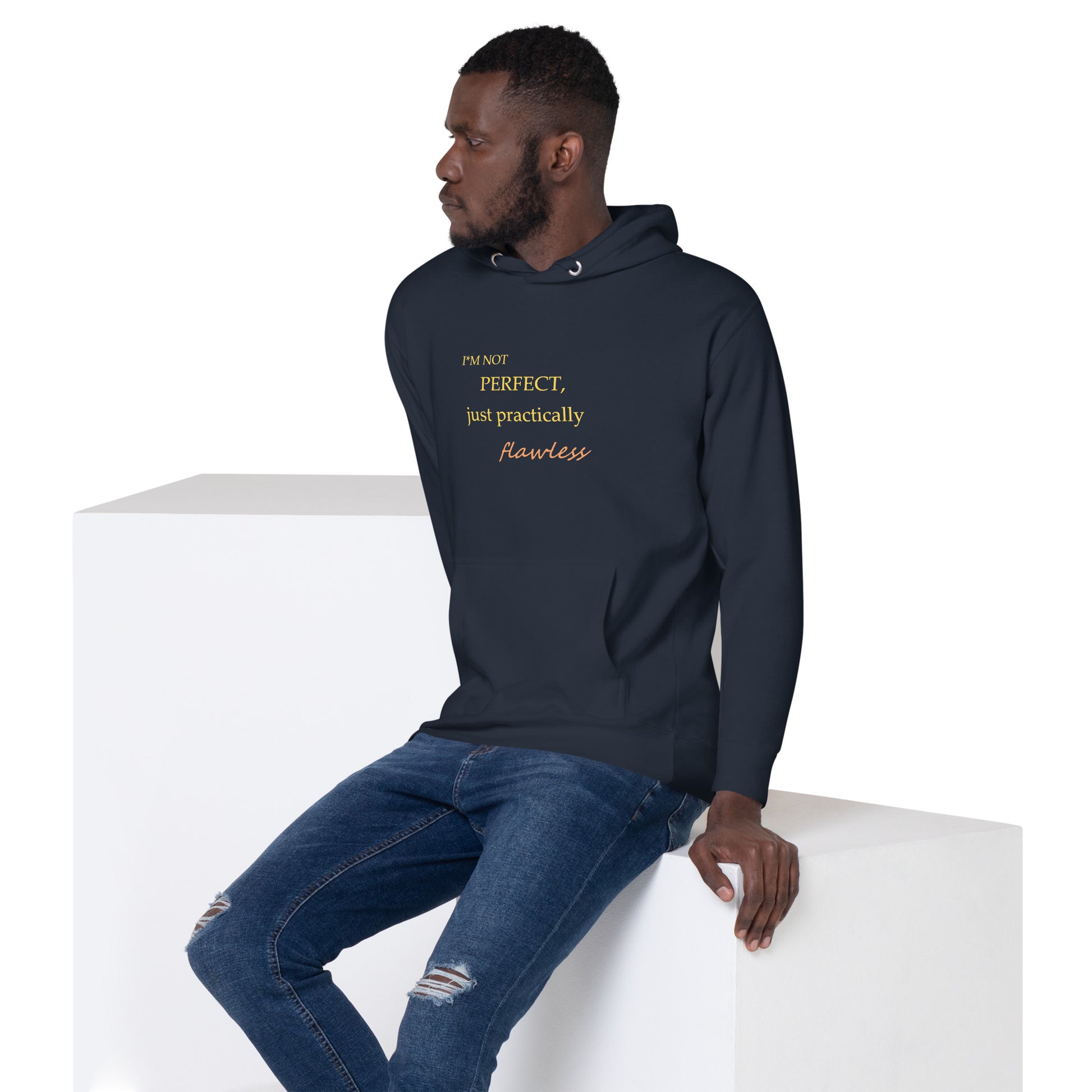 Model wearing a navy blue unisex hoodie with "I'm not perfect, just practically flawless" design