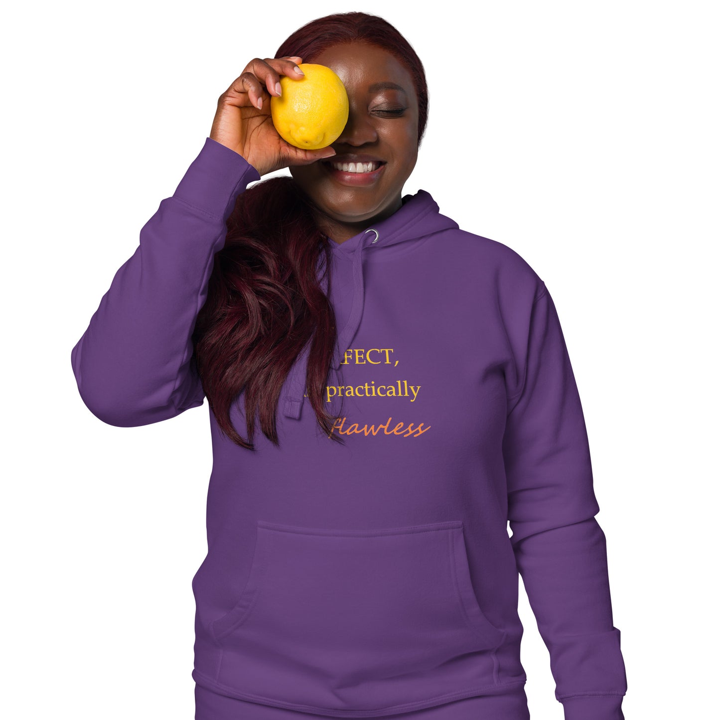 Model wearing a purple unisex hoodie with "I'm not perfect, just practically flawless" design